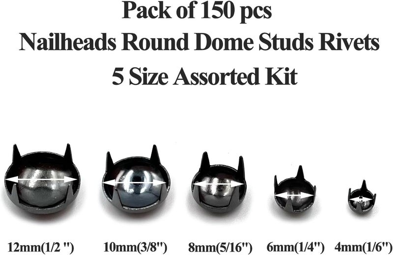 honigo 150pcs Nailheads Round Dome Studs Rivets Gun Metal Solid Brass 4/6/8/10/12mm 4 Prongs Spikes Spots for Leather Craft Clothes Belt Bag Shoes Decorations Totes DIY Craft - Image 3